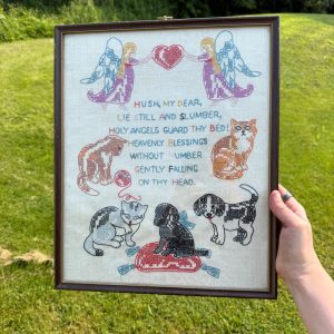 Vintage Needlepoint Sampler Kittens Cats Dogs Angels Framed