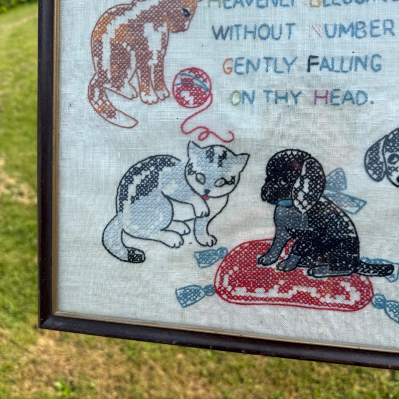 Vintage Needlepoint Sampler Kittens Cats Dogs Angels Framed