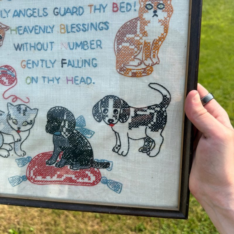 Vintage Needlepoint Sampler Kittens Cats Dogs Angels Framed