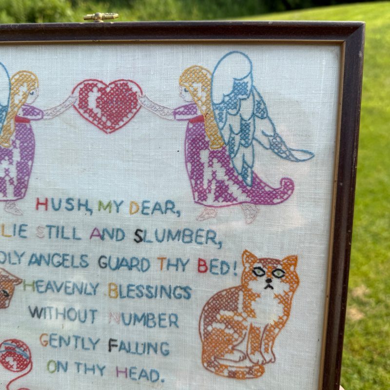 Vintage Needlepoint Sampler Kittens Cats Dogs Angels Framed