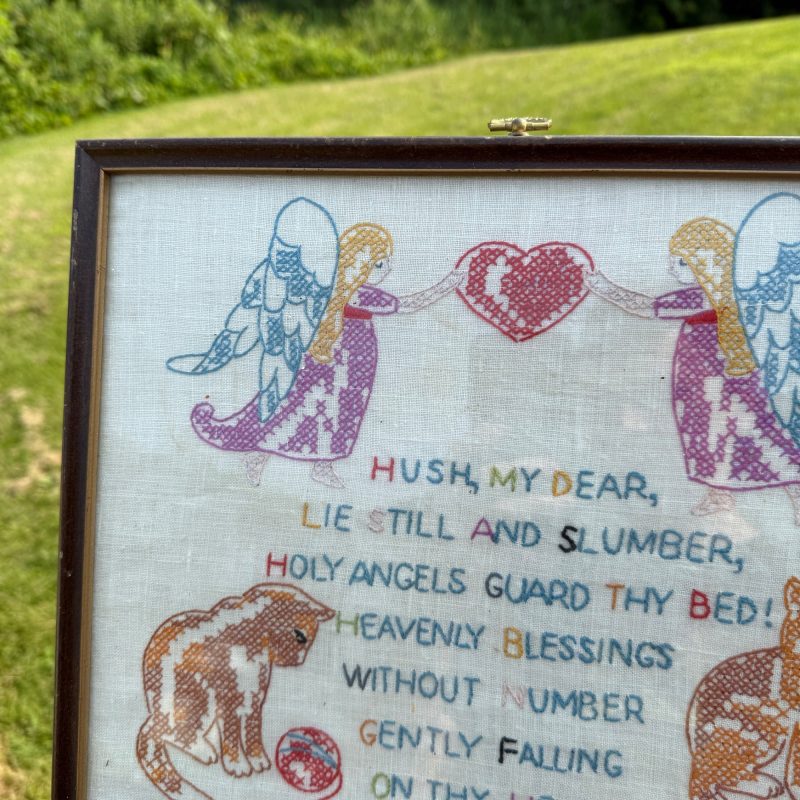 Vintage Needlepoint Sampler Kittens Cats Dogs Angels Framed