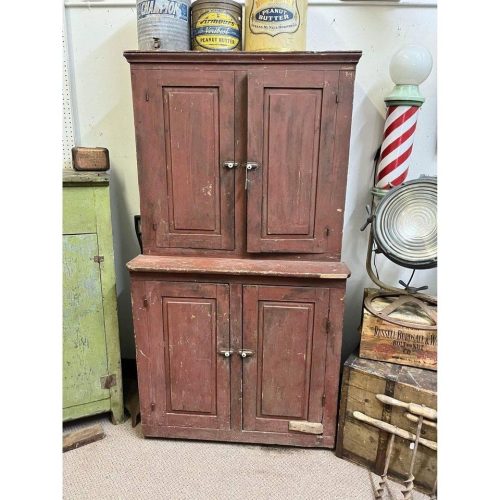 Antique Primitive Red Wooden Stepback Hutch Pantry Cupboard 19th Century