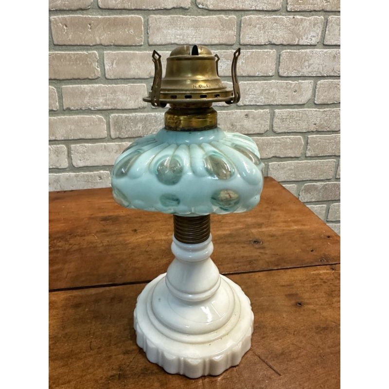 38906cef-3d3b-4a79-bdb2-125172bac56b_LP.jpg Antique Hobbs Dot Blue Opalescent Art Glass EAPG Oil Lamp Milk Glass