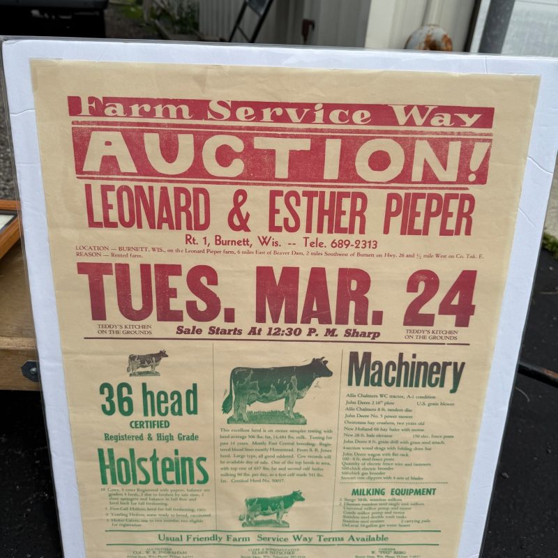 Vintage Wisconsin Farm Livestock Cow Auction Poster Sign Burnett Wis