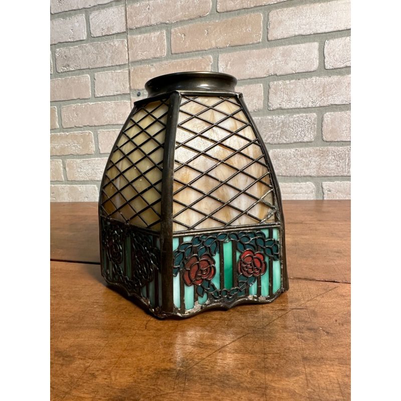 Rare Vintage 1920s HANDEL Signed Trellis Rose Glass Shade Desk Lamp