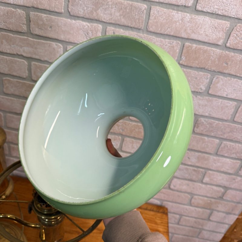 Antique Victorian Brass Double Student Lamp Base with Center Tank & Green Shades