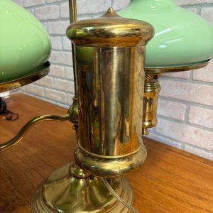 Antique Victorian Brass Double Student Lamp Base with Center Tank & Green Shades
