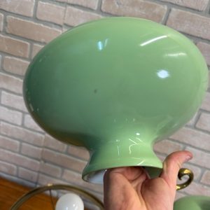 Antique Victorian Brass Double Student Lamp Base with Center Tank & Green Shades