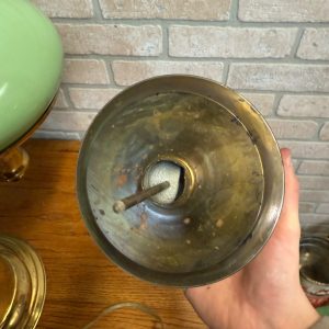 Antique Victorian Brass Double Student Lamp Base with Center Tank & Green Shades