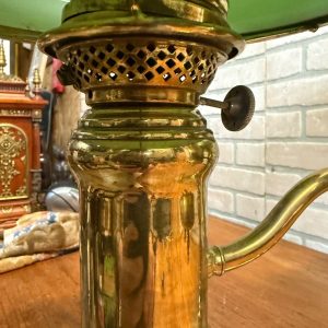 Antique Victorian Brass Double Student Lamp Base with Center Tank & Green Shades