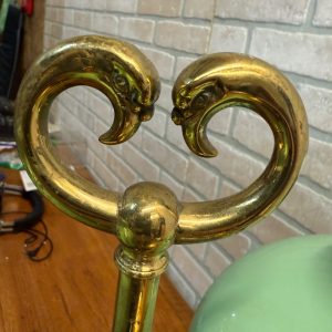 Antique Victorian Brass Double Student Lamp Base with Center Tank & Green Shades