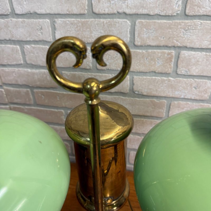 Antique Victorian Brass Double Student Lamp Base with Center Tank & Green Shades