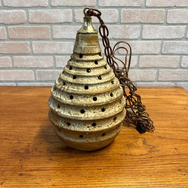 Mid Century Modern Pottery Ceramic Beehive Style Hanging Lamp Gold White