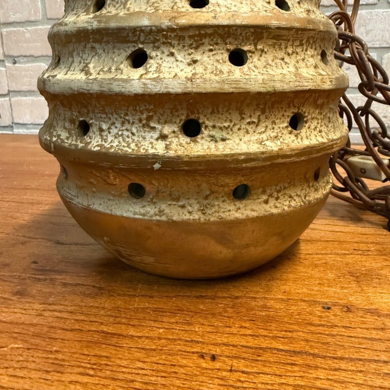 Mid Century Modern Pottery Ceramic Beehive Style Hanging Lamp Gold White