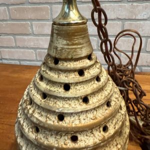 Mid Century Modern Pottery Ceramic Beehive Style Hanging Lamp Gold White