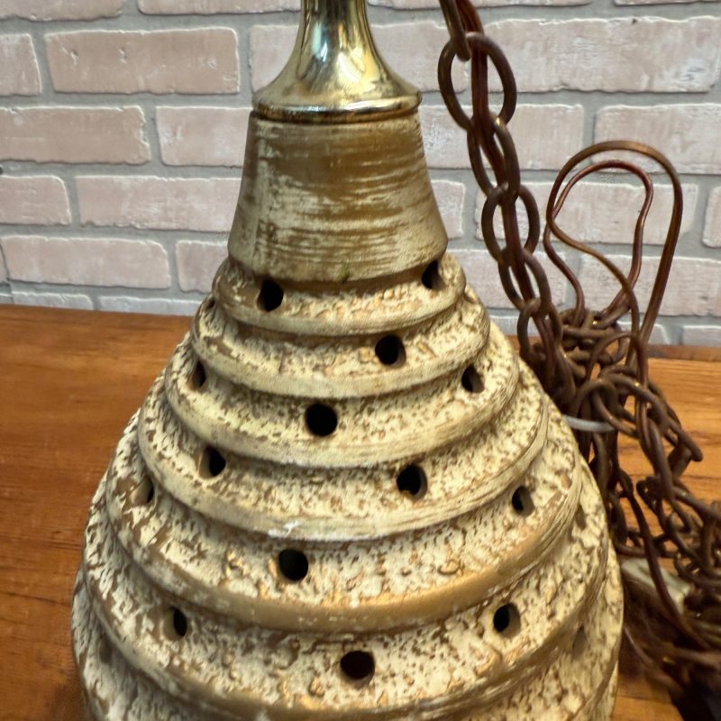 Mid Century Modern Pottery Ceramic Beehive Style Hanging Lamp Gold White