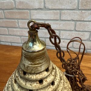 Mid Century Modern Pottery Ceramic Beehive Style Hanging Lamp Gold White