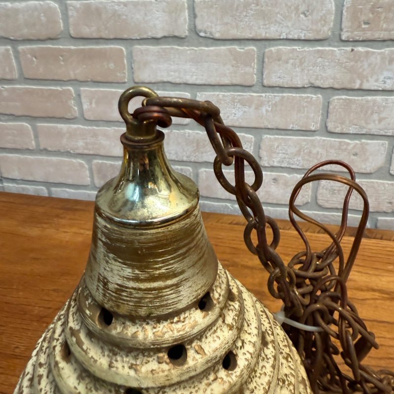 Mid Century Modern Pottery Ceramic Beehive Style Hanging Lamp Gold White
