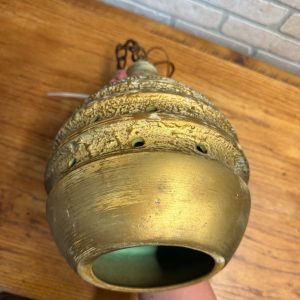 Mid Century Modern Pottery Ceramic Beehive Style Hanging Lamp Gold White