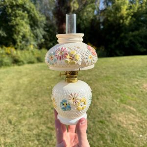 Antique Consolidated Milk Glass Cosmos Miniature Oil Lamp W/ Chimney & Shade