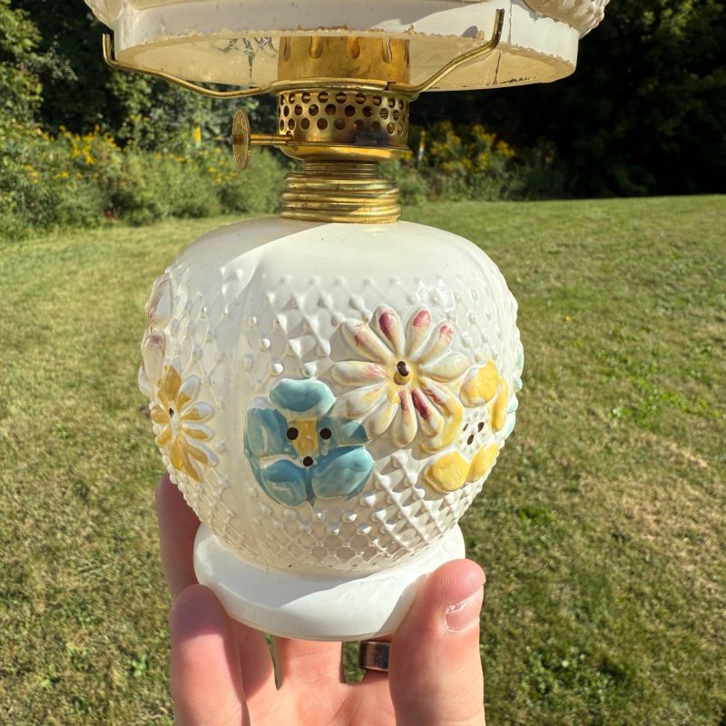 Antique Consolidated Milk Glass Cosmos Miniature Oil Lamp W/ Chimney & Shade