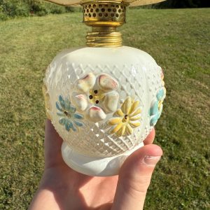 Antique Consolidated Milk Glass Cosmos Miniature Oil Lamp W/ Chimney & Shade