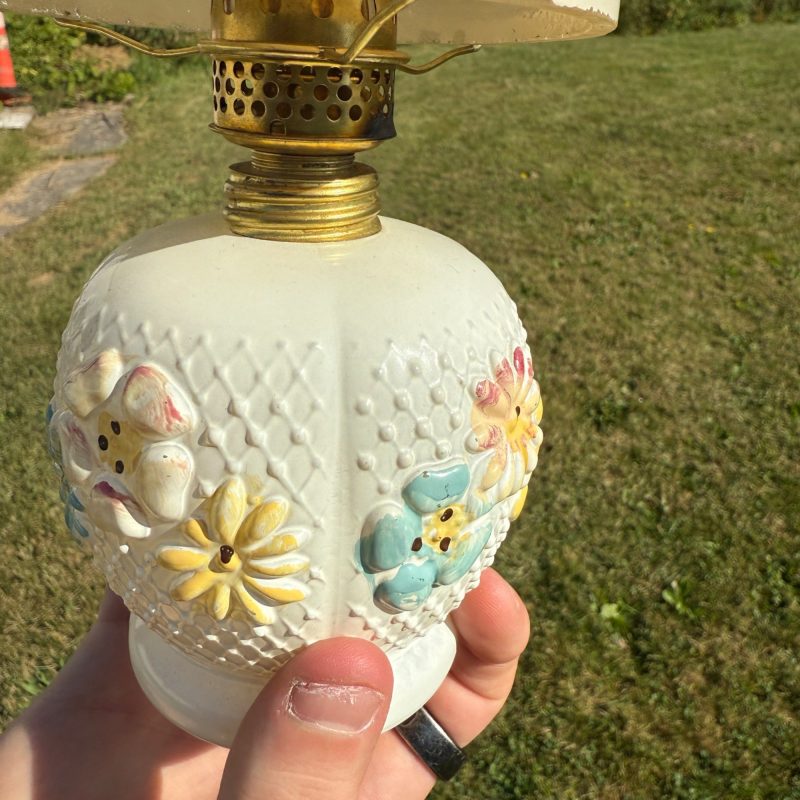 Antique Consolidated Milk Glass Cosmos Miniature Oil Lamp W/ Chimney & Shade