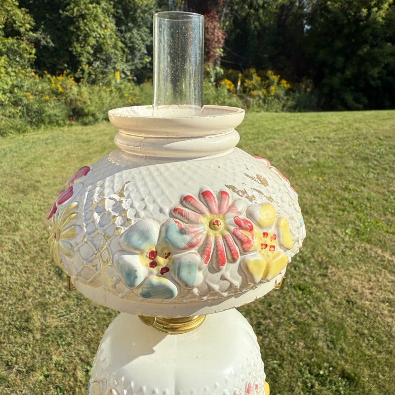 Antique Consolidated Milk Glass Cosmos Miniature Oil Lamp W/ Chimney & Shade