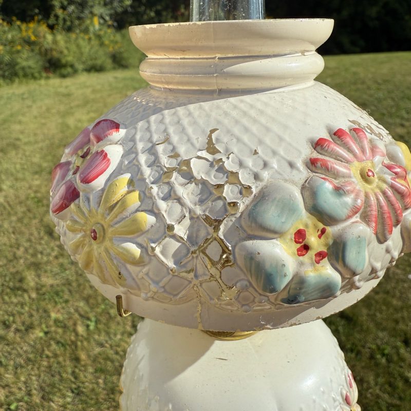 Antique Consolidated Milk Glass Cosmos Miniature Oil Lamp W/ Chimney & Shade