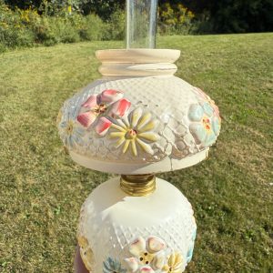 Antique Consolidated Milk Glass Cosmos Miniature Oil Lamp W/ Chimney & Shade