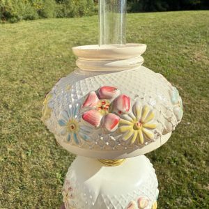 Antique Consolidated Milk Glass Cosmos Miniature Oil Lamp W/ Chimney & Shade