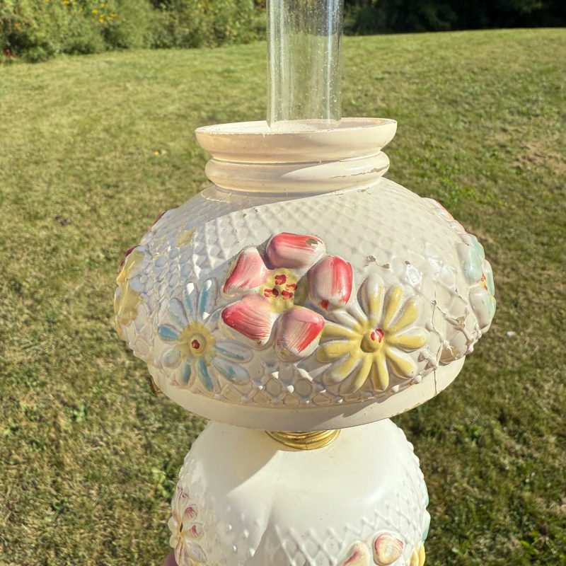 Antique Consolidated Milk Glass Cosmos Miniature Oil Lamp W/ Chimney & Shade