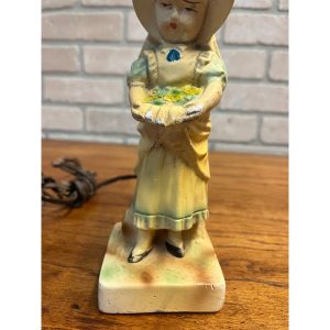 Vintage 1940s Table Lamp 11" Chalkware Girl Child w/ Bonnet & Flower Basket