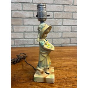 Vintage 1940s Table Lamp 11" Chalkware Girl Child w/ Bonnet & Flower Basket