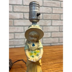 Vintage 1940s Table Lamp 11" Chalkware Girl Child w/ Bonnet & Flower Basket