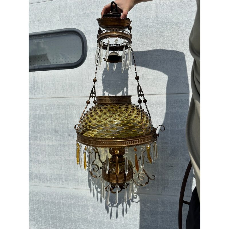 Bradley & Hubbard (B&H) Victorian Hanging Lamp Amber Yellow Hobnail Dew Drop Shade