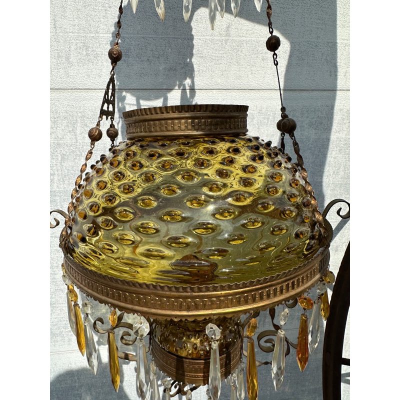 Bradley & Hubbard (B&H) Victorian Hanging Lamp Amber Yellow Hobnail Dew Drop Shade