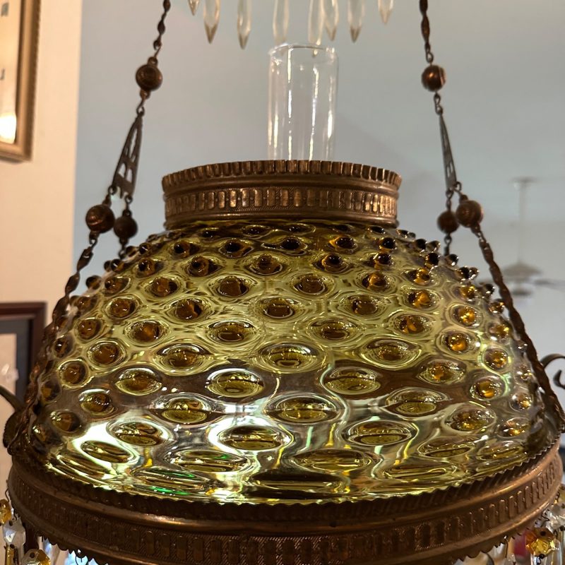 Bradley & Hubbard (B&H) Victorian Hanging Lamp Amber Yellow Hobnail Dew Drop Shade