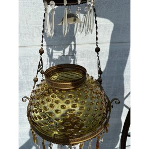 Bradley & Hubbard (B&H) Victorian Hanging Lamp Amber Yellow Hobnail Dew Drop Shade