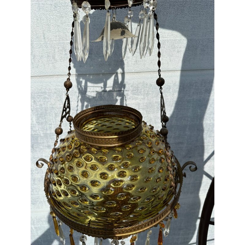 Bradley & Hubbard (B&H) Victorian Hanging Lamp Amber Yellow Hobnail Dew Drop Shade