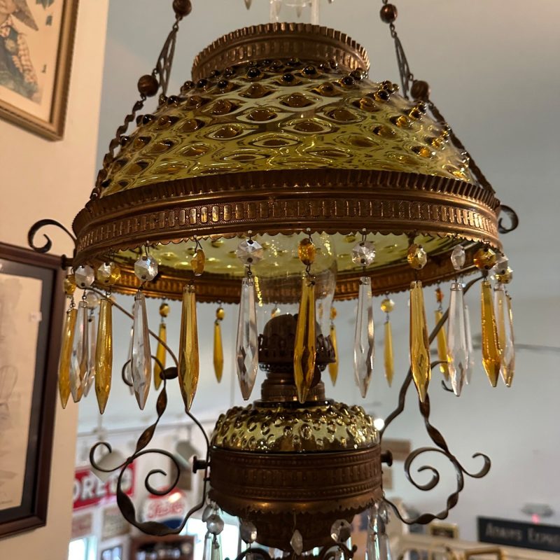 Bradley & Hubbard (B&H) Victorian Hanging Lamp Amber Yellow Hobnail Dew Drop Shade
