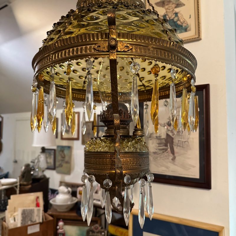 Bradley & Hubbard (B&H) Victorian Hanging Lamp Amber Yellow Hobnail Dew Drop Shade