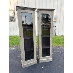 Pair of Primitive Painted Grey Book Display Cases, Wooden Glass Cabinets