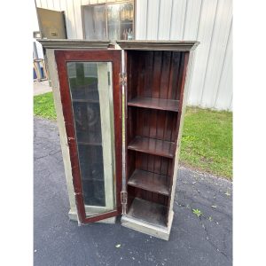 Pair of Primitive Painted Grey Book Display Cases, Wooden Glass Cabinets