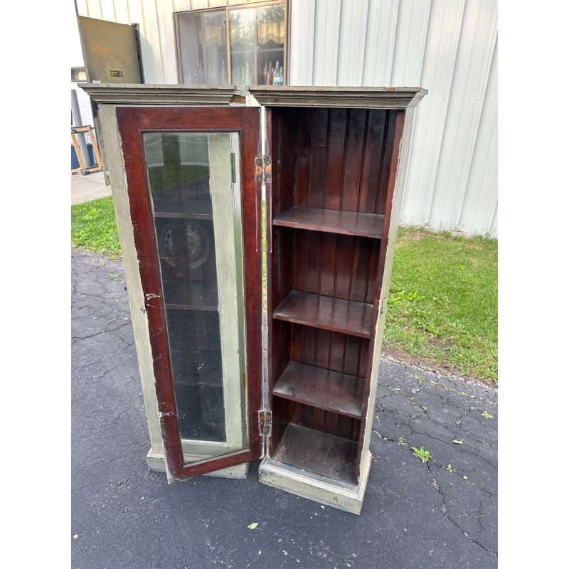 Pair of Primitive Painted Grey Book Display Cases, Wooden Glass Cabinets