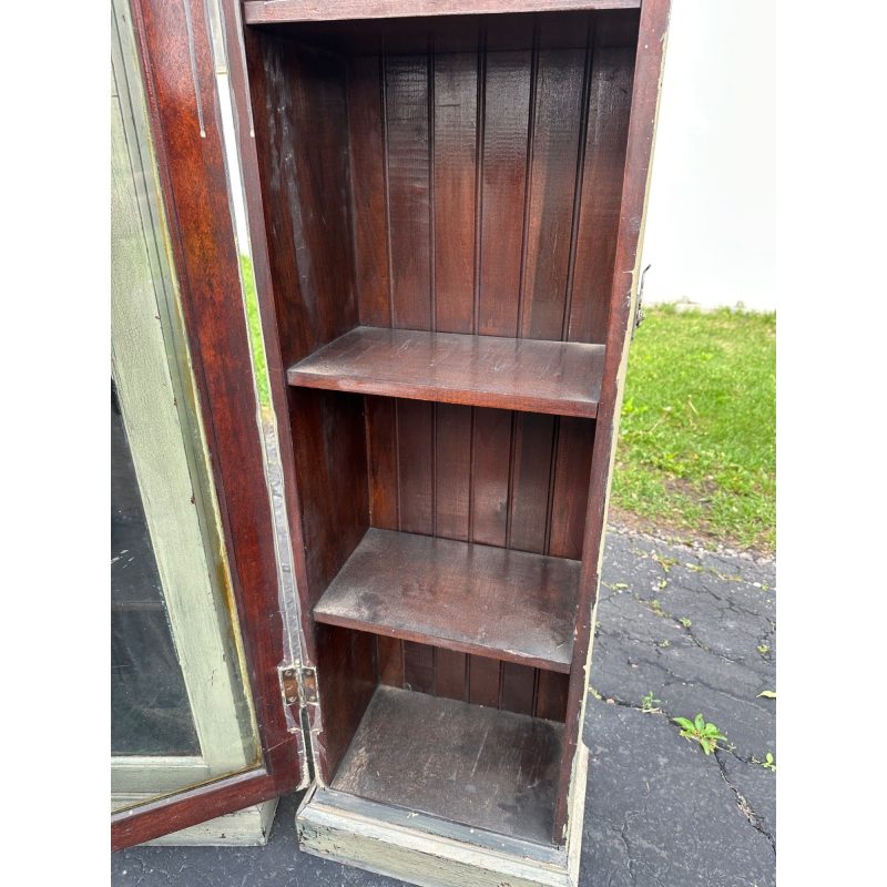 Pair of Primitive Painted Grey Book Display Cases, Wooden Glass Cabinets
