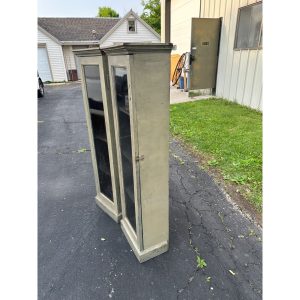 Pair of Primitive Painted Grey Book Display Cases, Wooden Glass Cabinets