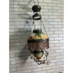 Antique Victorian Hanging Brass Oil Lamp w/ Painted Shades & Beaded Fringe