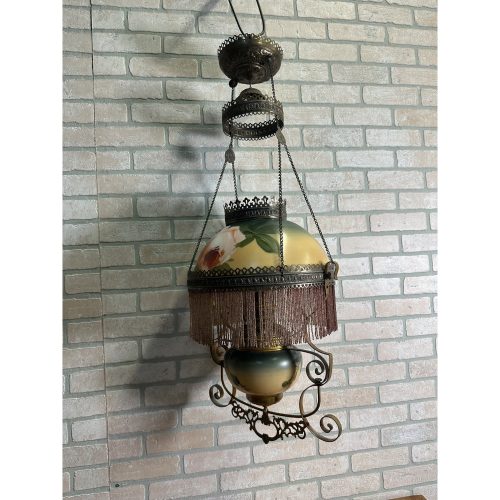 Antique Victorian Hanging Brass Oil Lamp w/ Painted Shades & Beaded Fringe