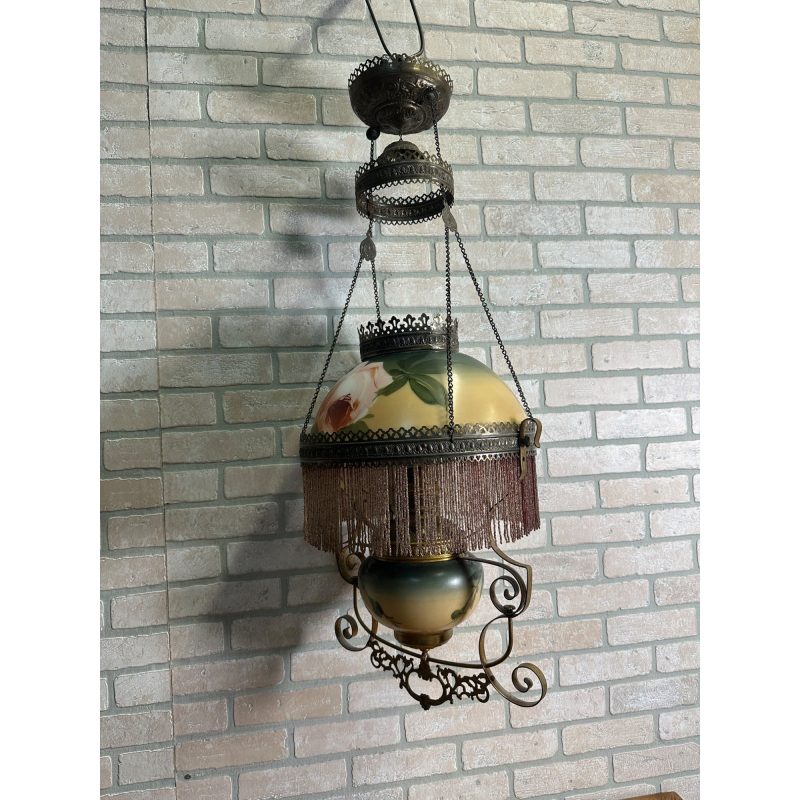 Antique Victorian Hanging Brass Oil Lamp w/ Painted Shades & Beaded Fringe